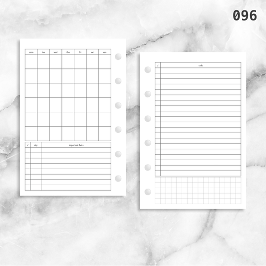 Monthly Overview A6 Printable Planner Inserts MO1P Layout 