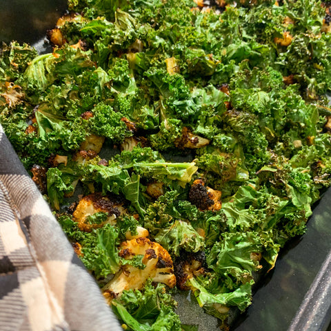 Umami roasted kale and cauliflower vegan recipe