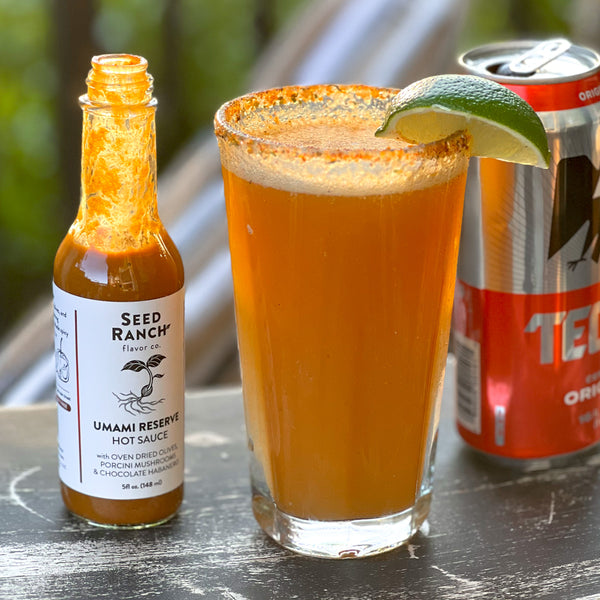 Vegan Michelada cocktail with Umami Reserve Hot Sauce