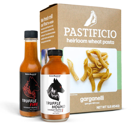 Pastificio Heirloom Wheat pasta with Seed Ranch Flavor Co's Gourmet Truffle Hot Sauce duo