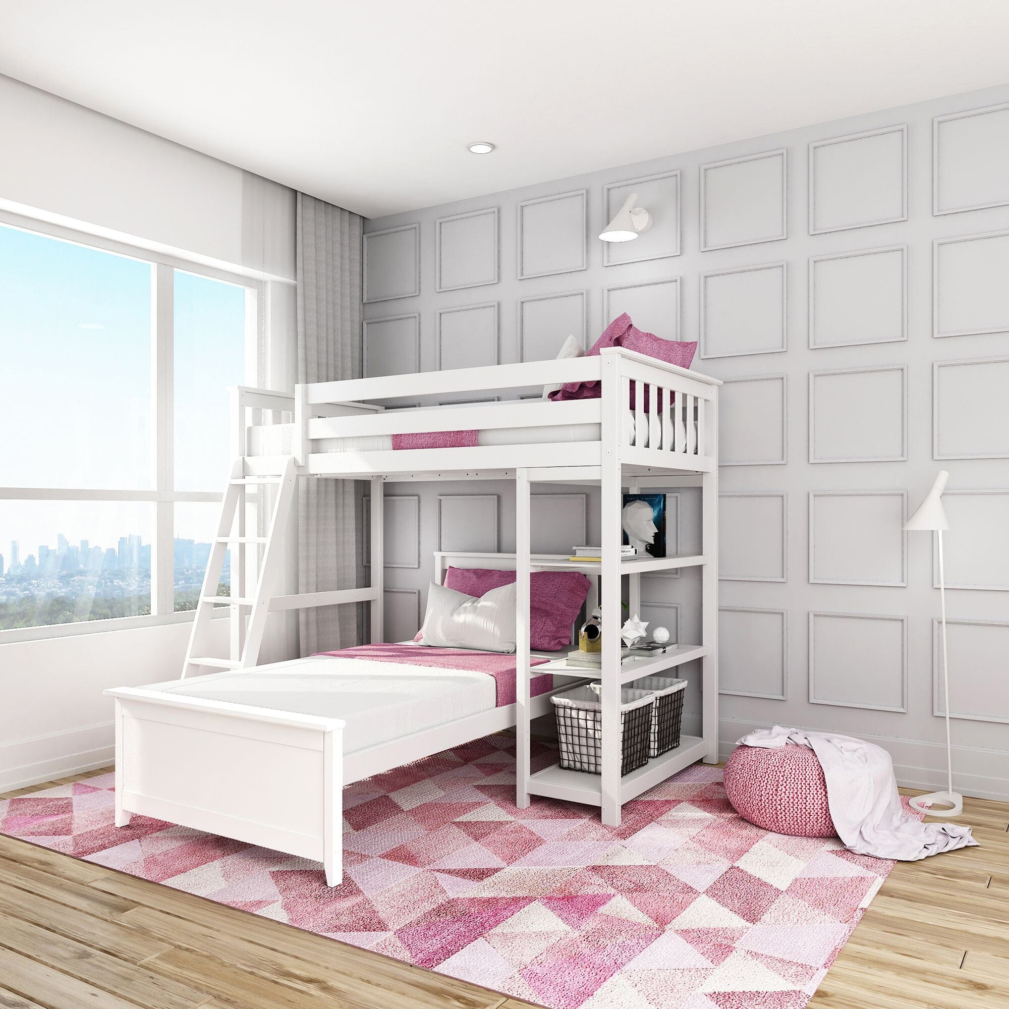Image of Kid's L-Shaped Twin Over Twin-Size Bunk Bed with Bookcase