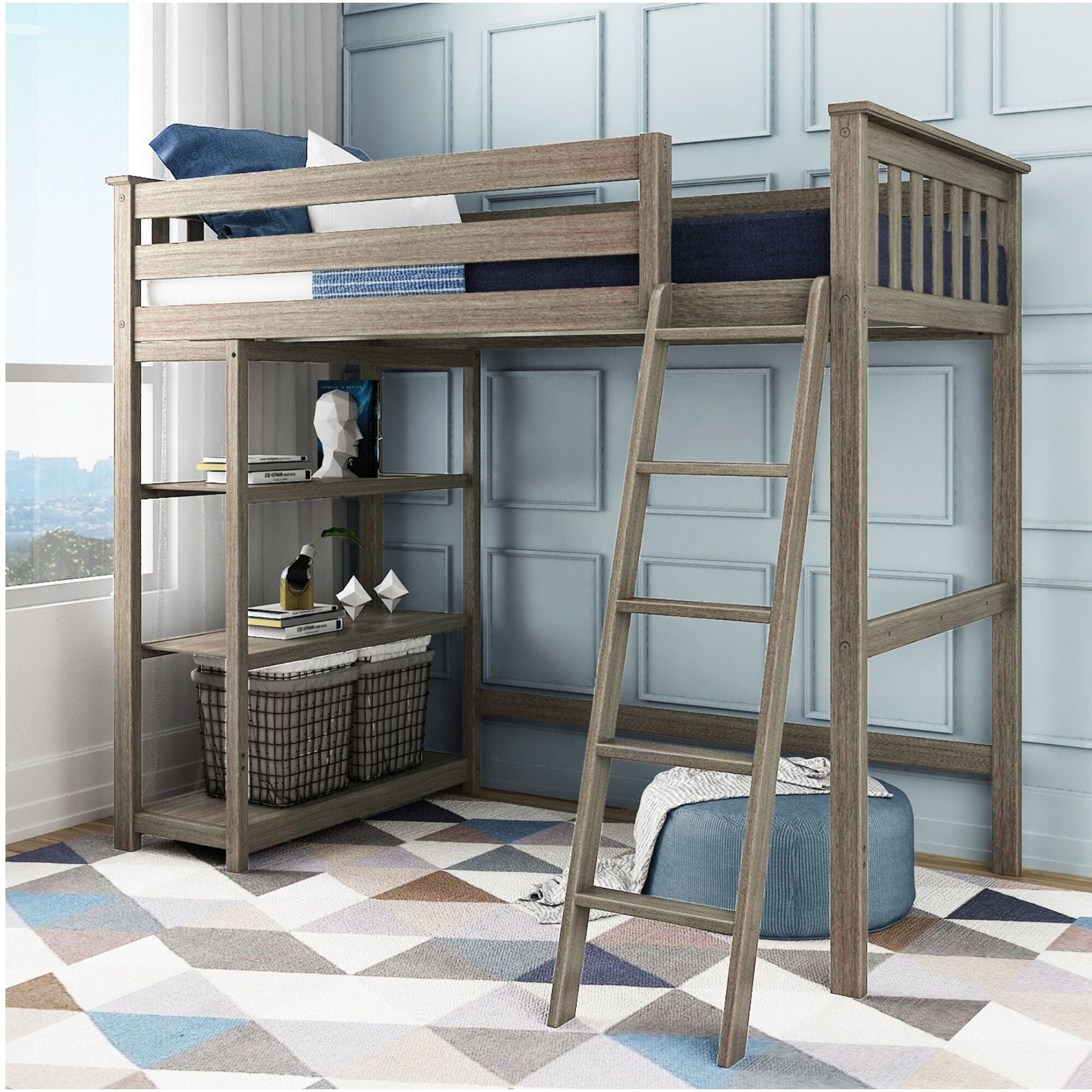 Image of Kid's Twin High Loft Bed with Bookcase