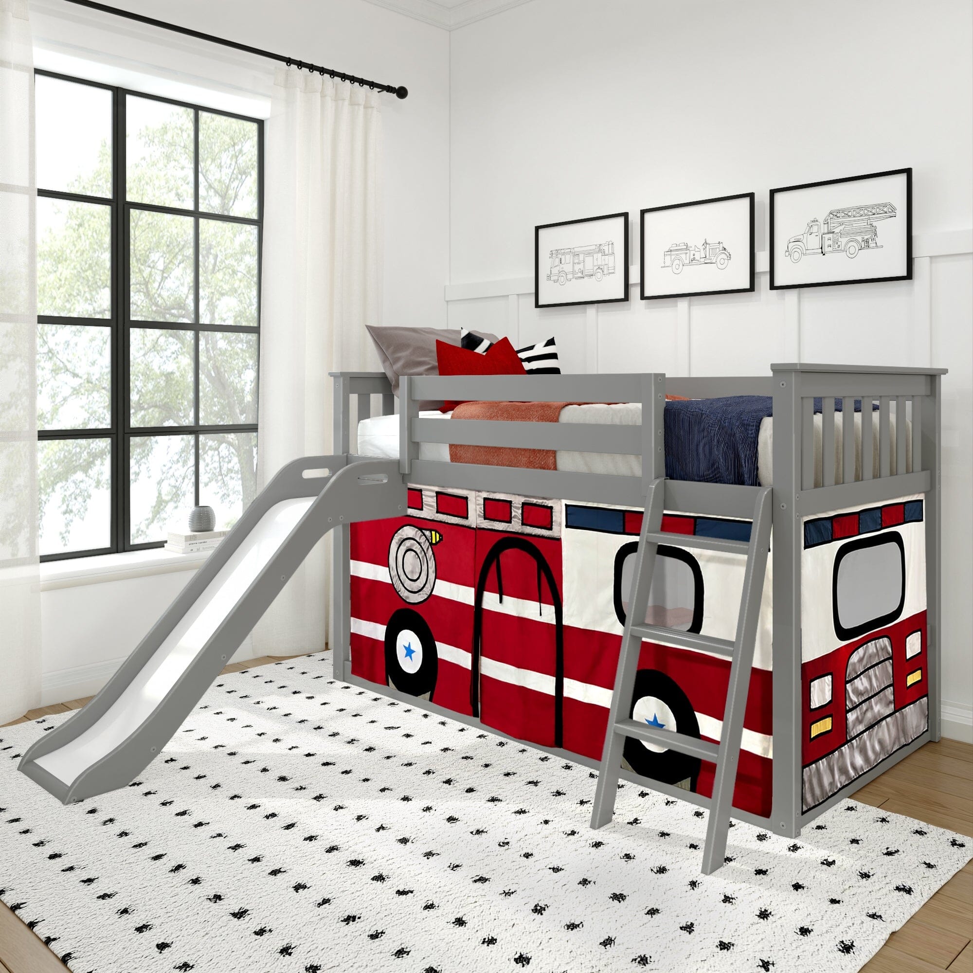 Image of Twin over Twin Low Bunk Bed with Easy Slide and Play Curtain