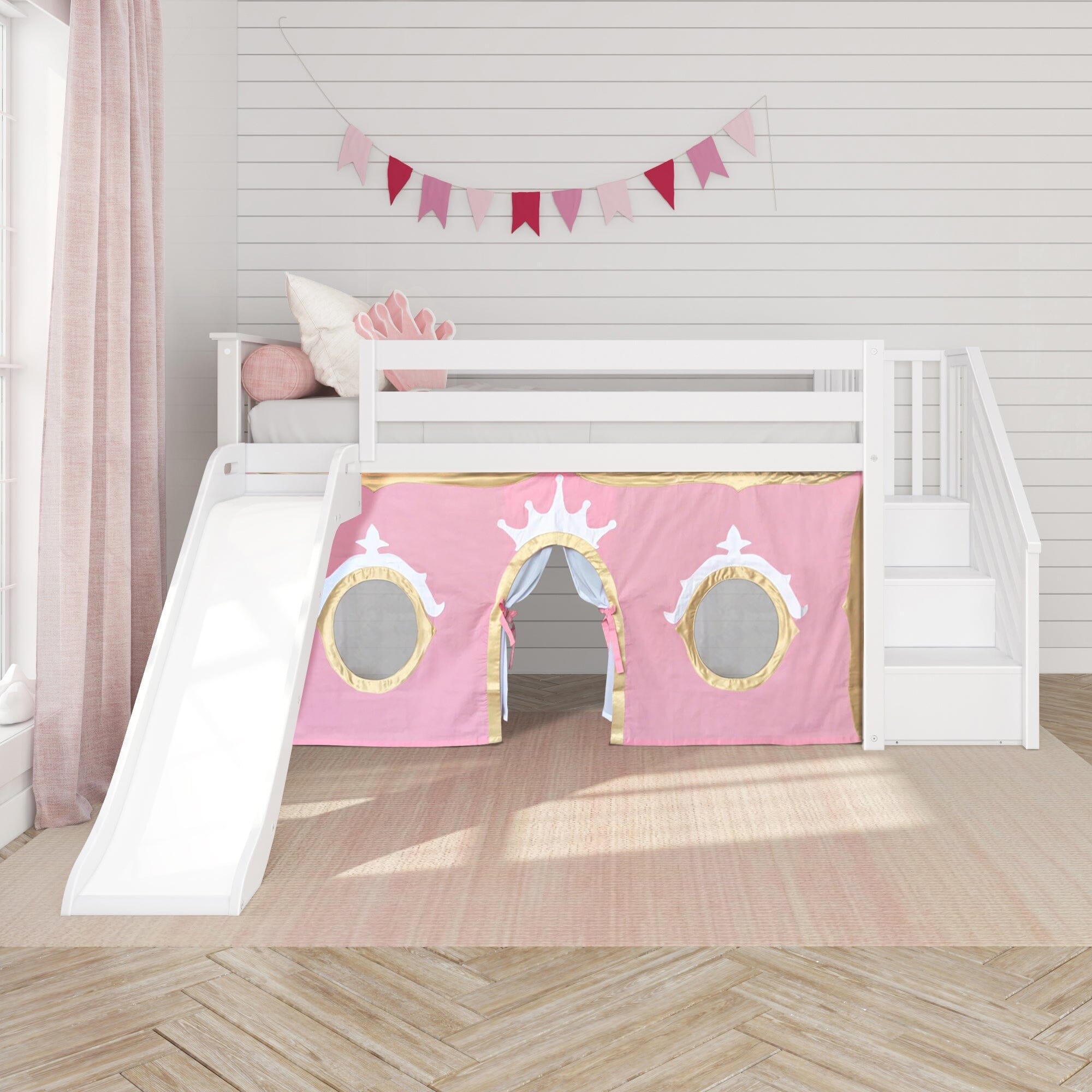 Image of Twin Low Loft Bed with Stairs, Easy Slide and Play Curtain