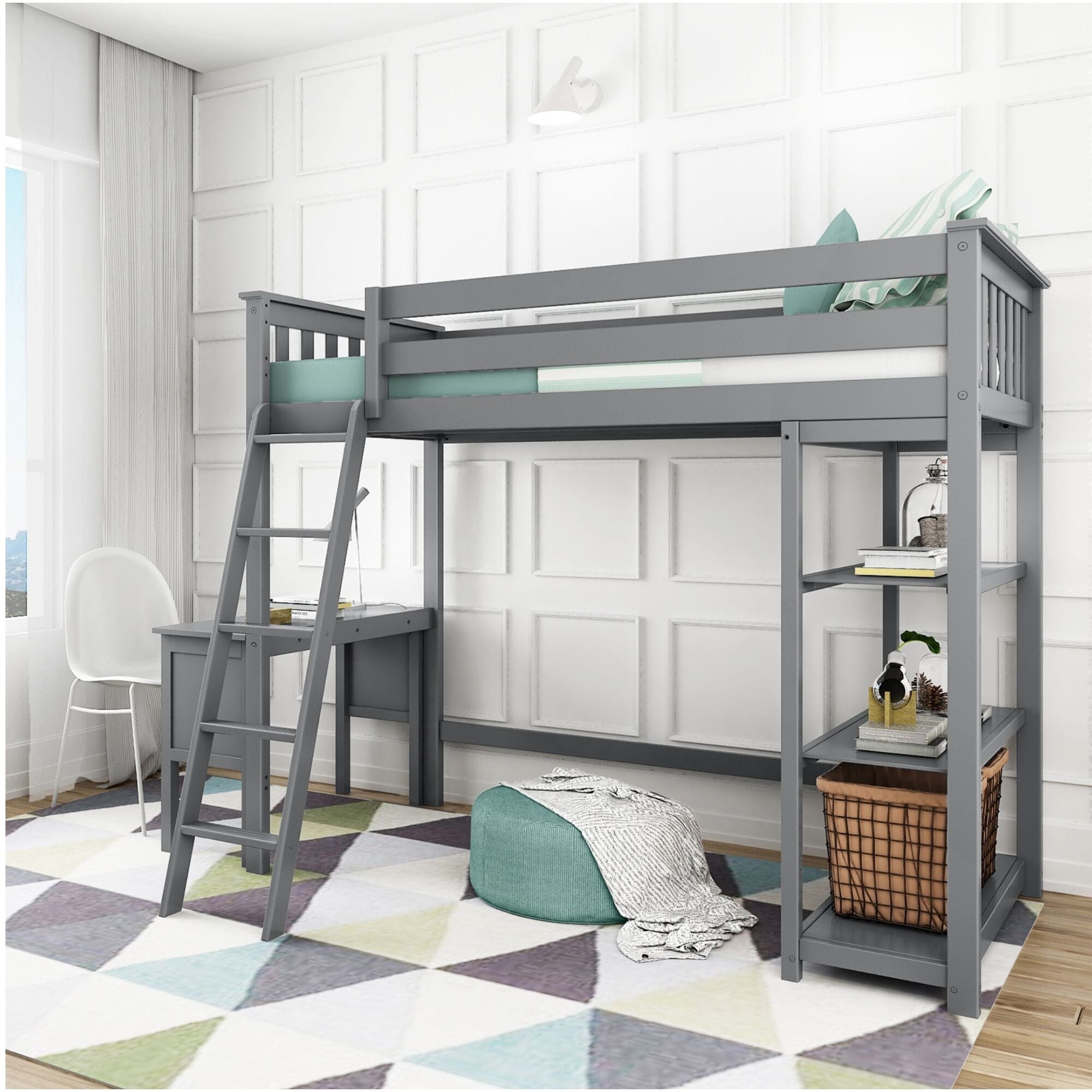 Image of Kid's Twin-Size High Loft Bed with Bookcase with Desk