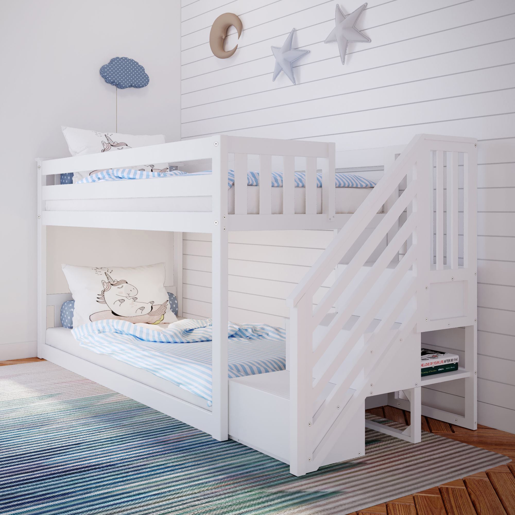 Image of Kid's Twin Over Twin-Size Low Bunk Bed with Staircase