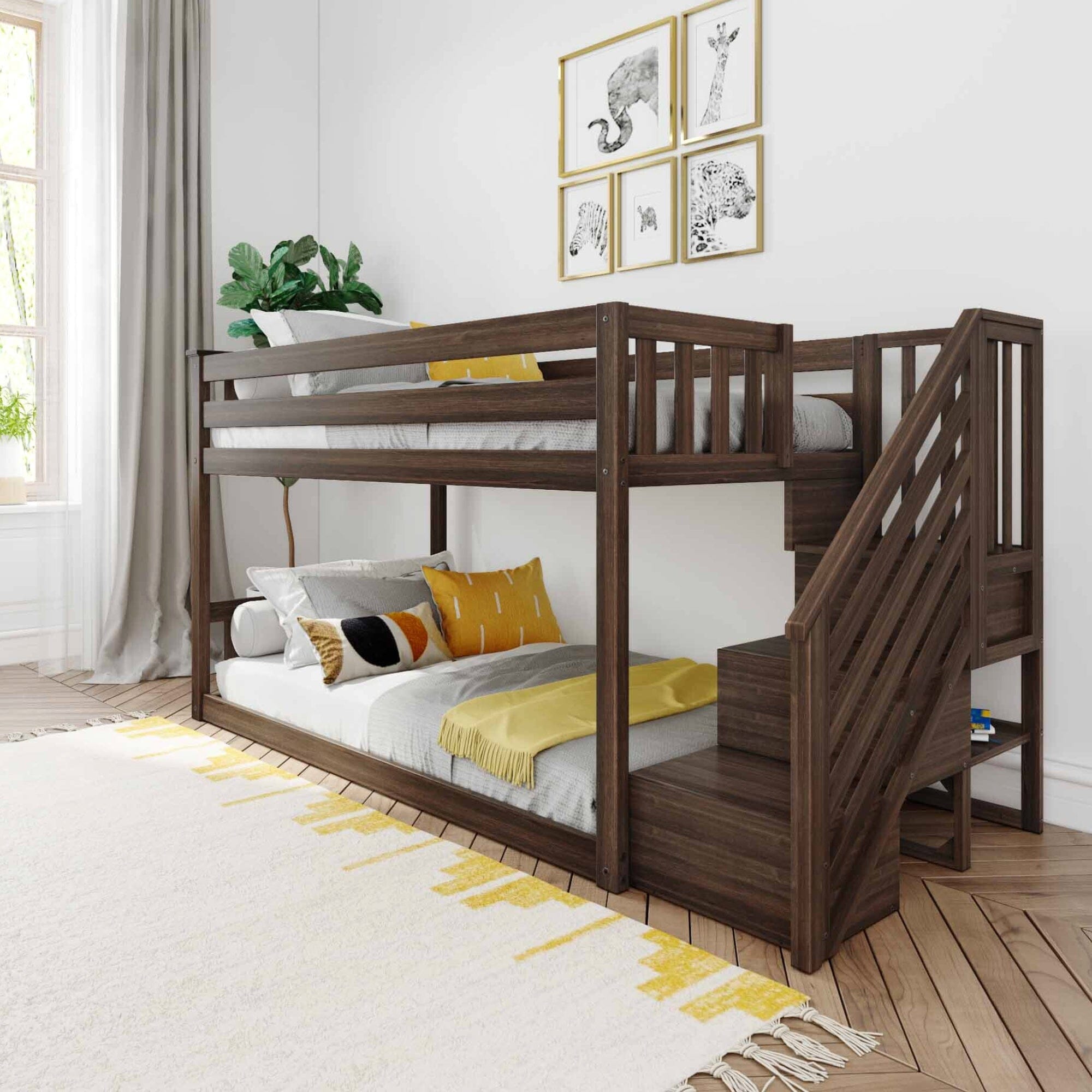 Image of Kid's Twin Over Twin-Size Low Bunk Bed with Staircase