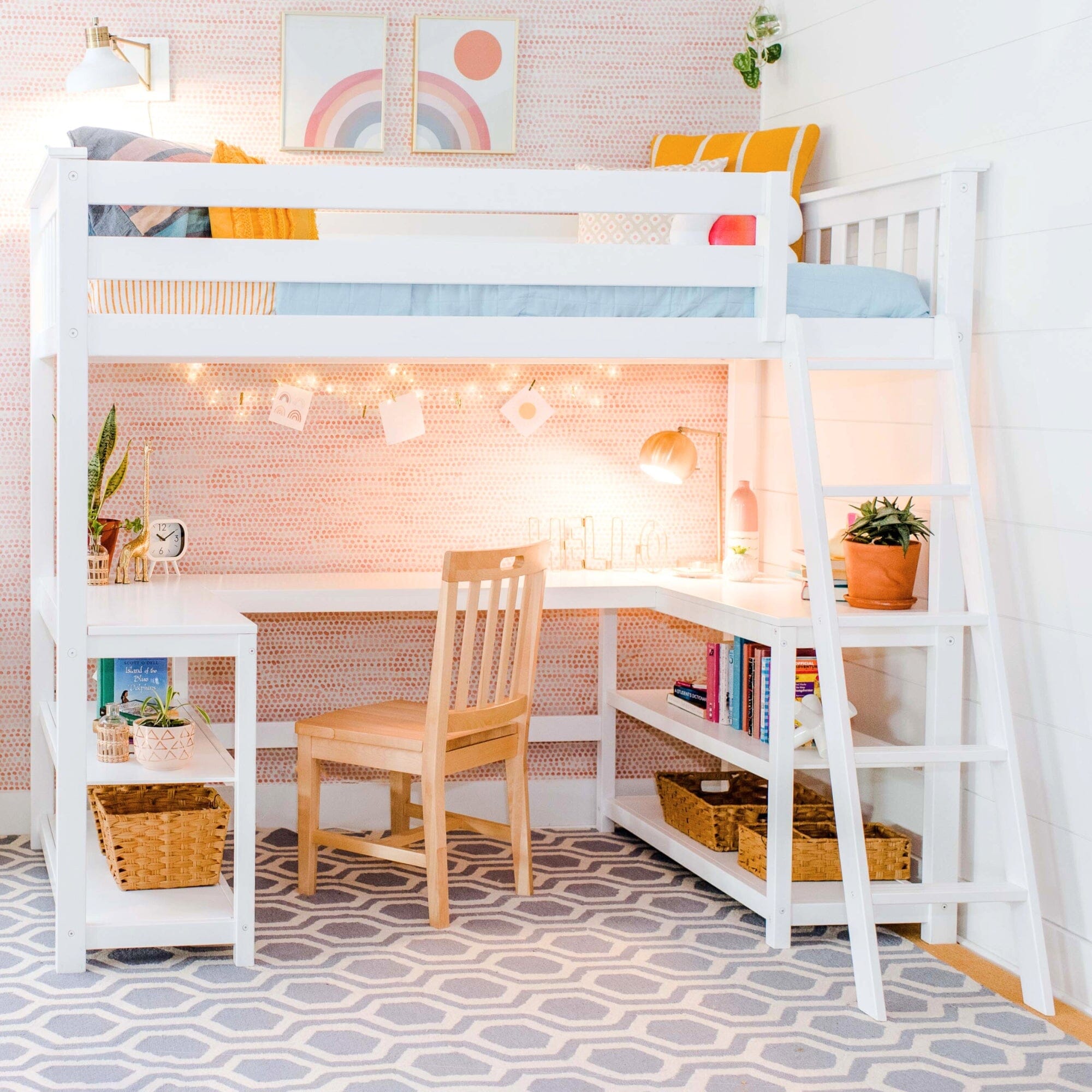 Image of Twin-Size High Loft Bed with Wraparound Desk & Shelves