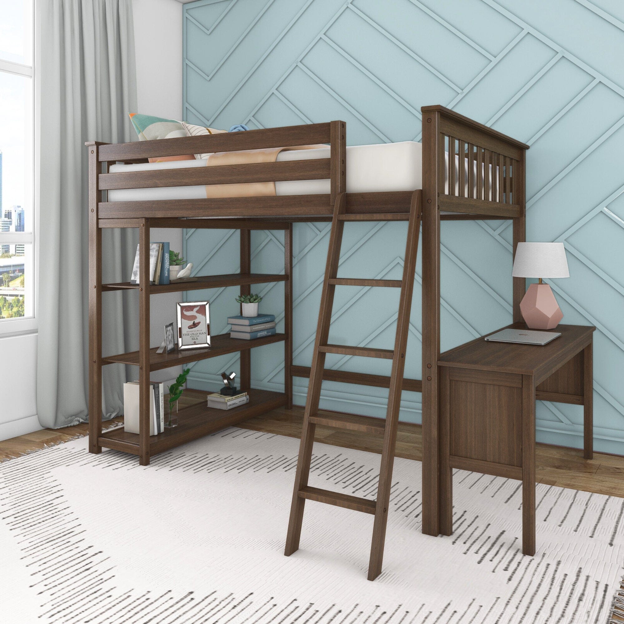 Image of Full-Size High Loft Bed with Bookcase and Desk