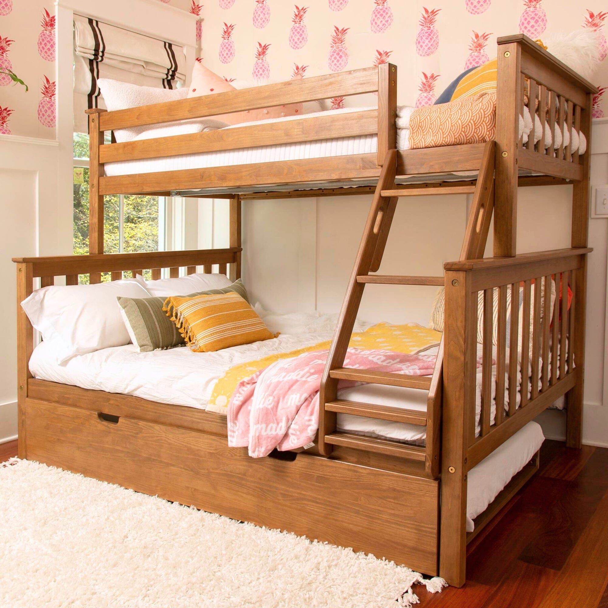 Image of Kids Solid Wood Twin-Over-Full Bunk Bed + Trundle Bed
