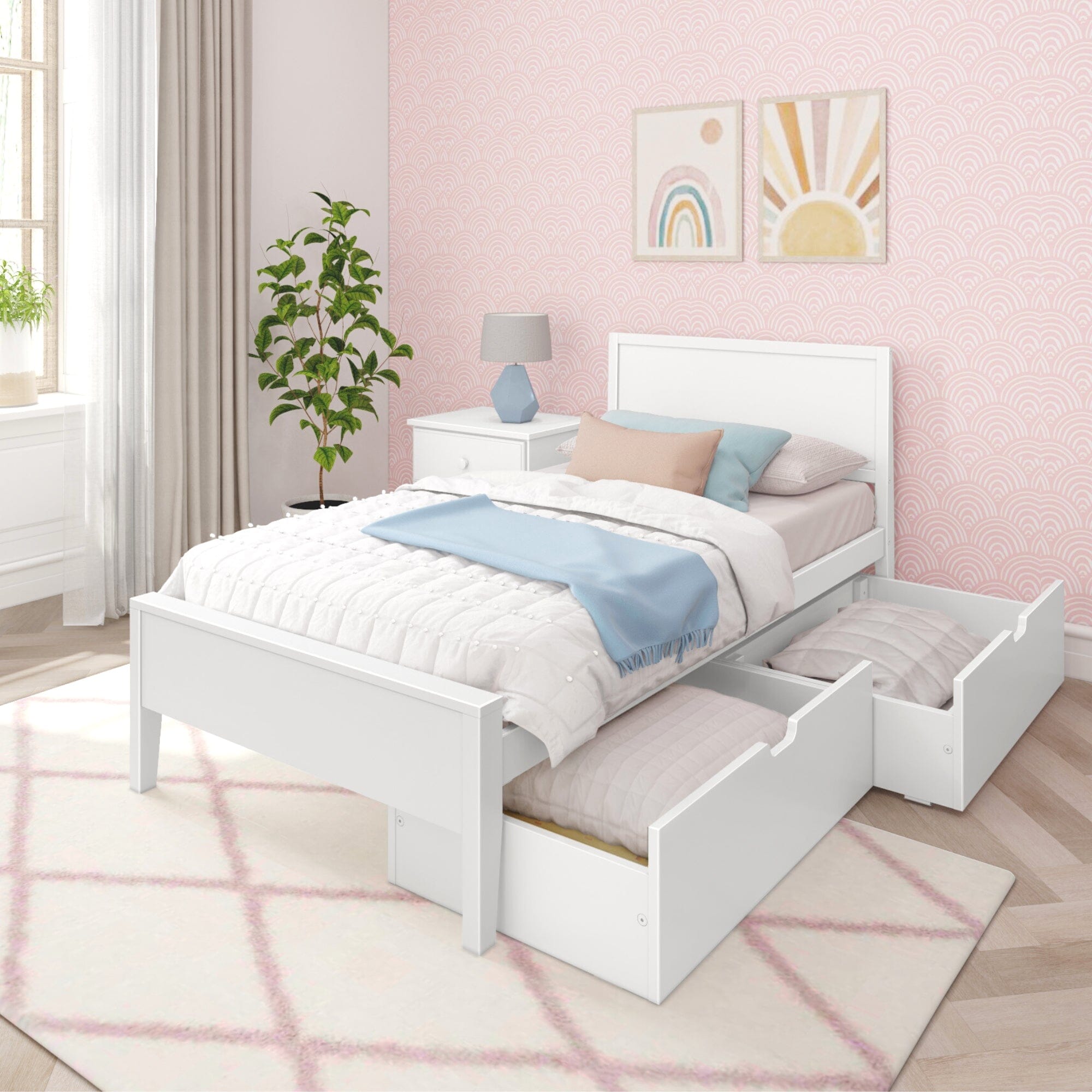 Image of Twin-Size Bed with Panel Headboard and Storage Drawers