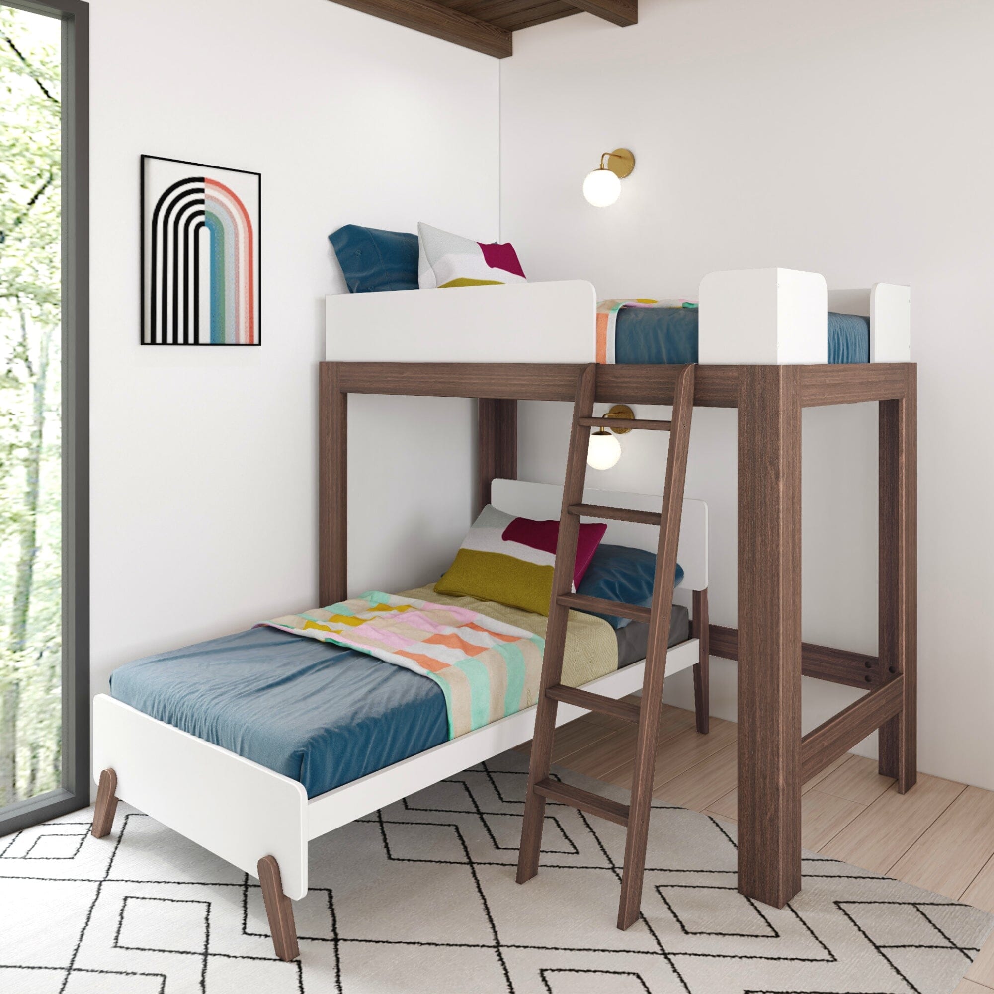 Image of Mid-Century Modern L-Shaped Twin Over Twin Bunk Bed, Pecan and White