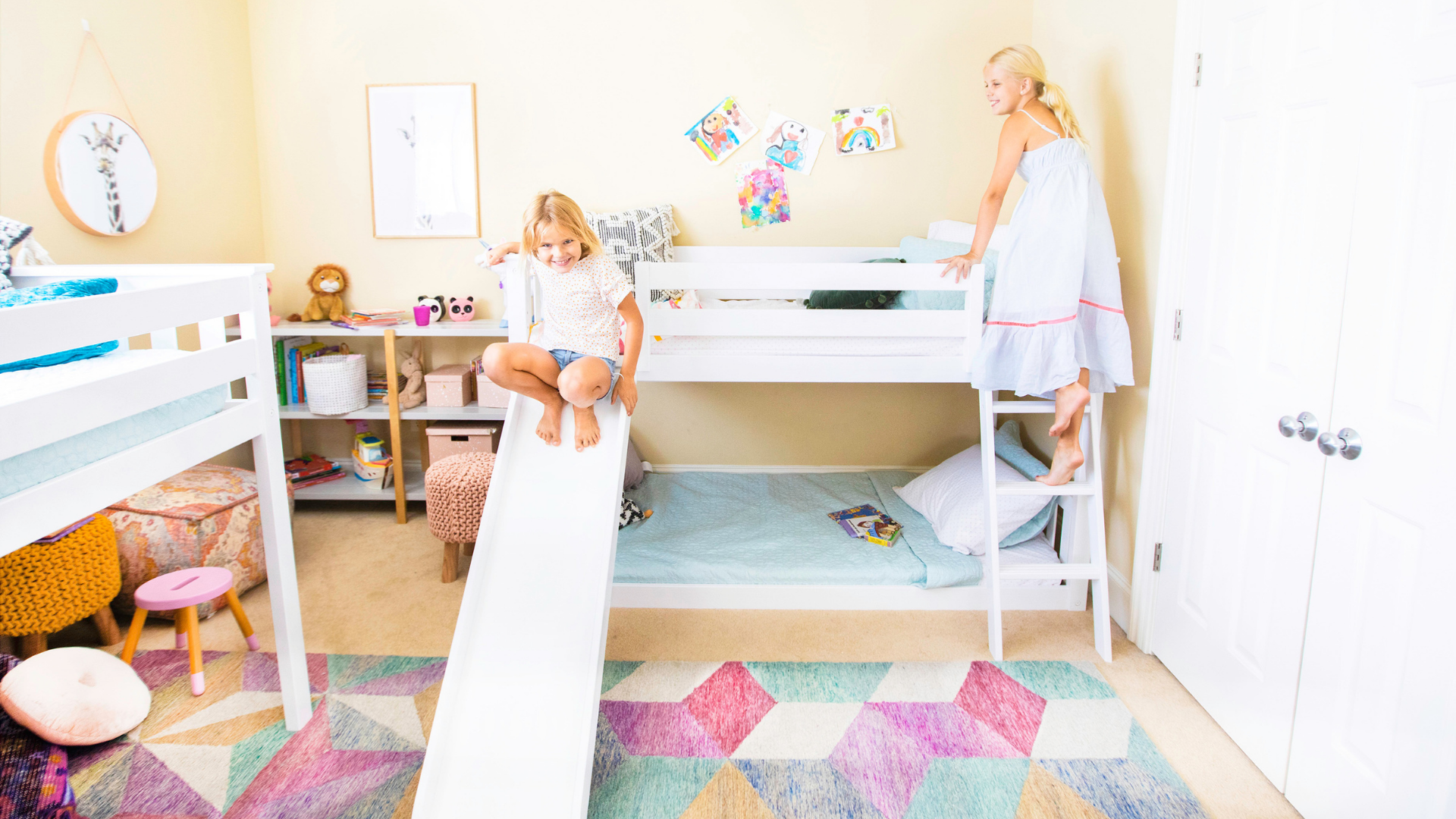 White Twin Size Low Bunk Bed with Slide