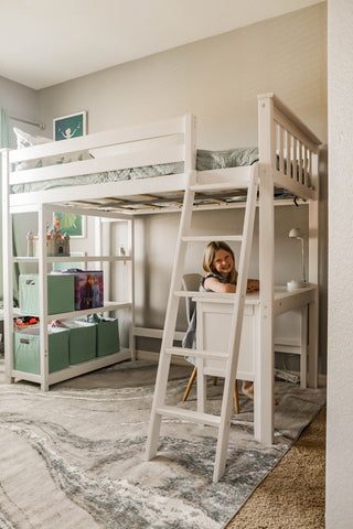Solid Wood Loft Bed with Desk and Bookcase