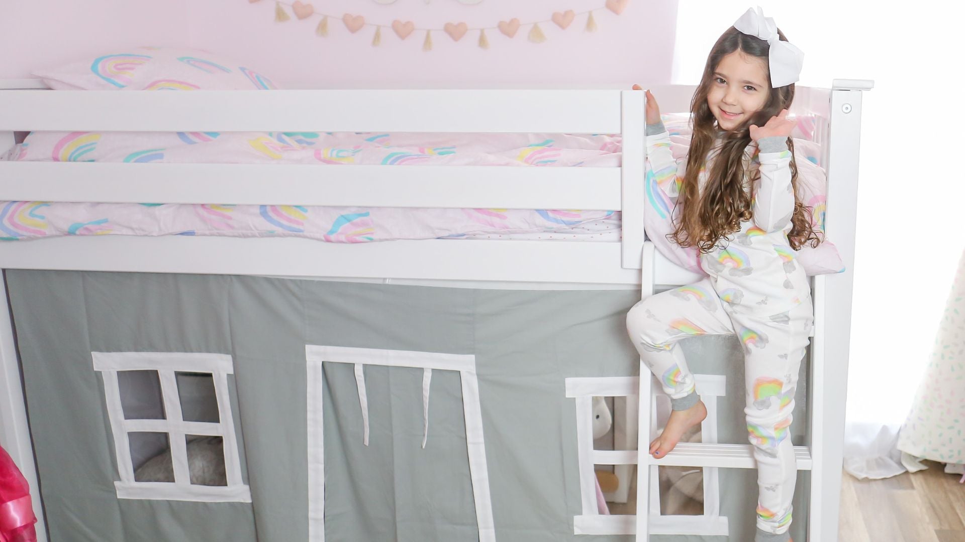 low loft bed with curtain