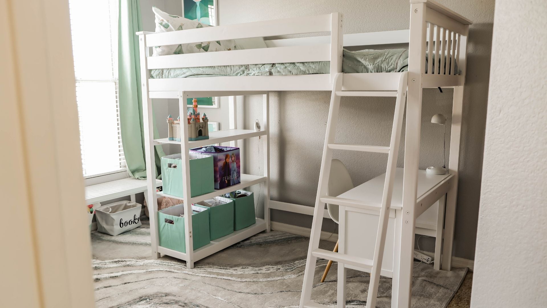 twin loft bed with bookcase and desk