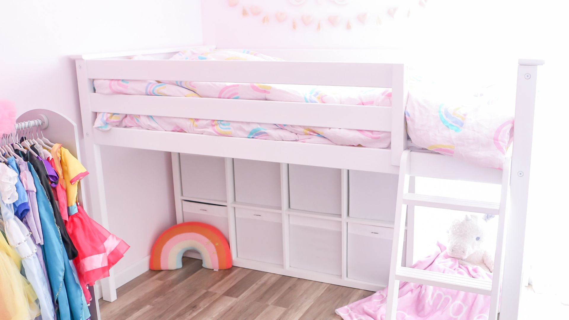 kids low loft bed with storage underneath