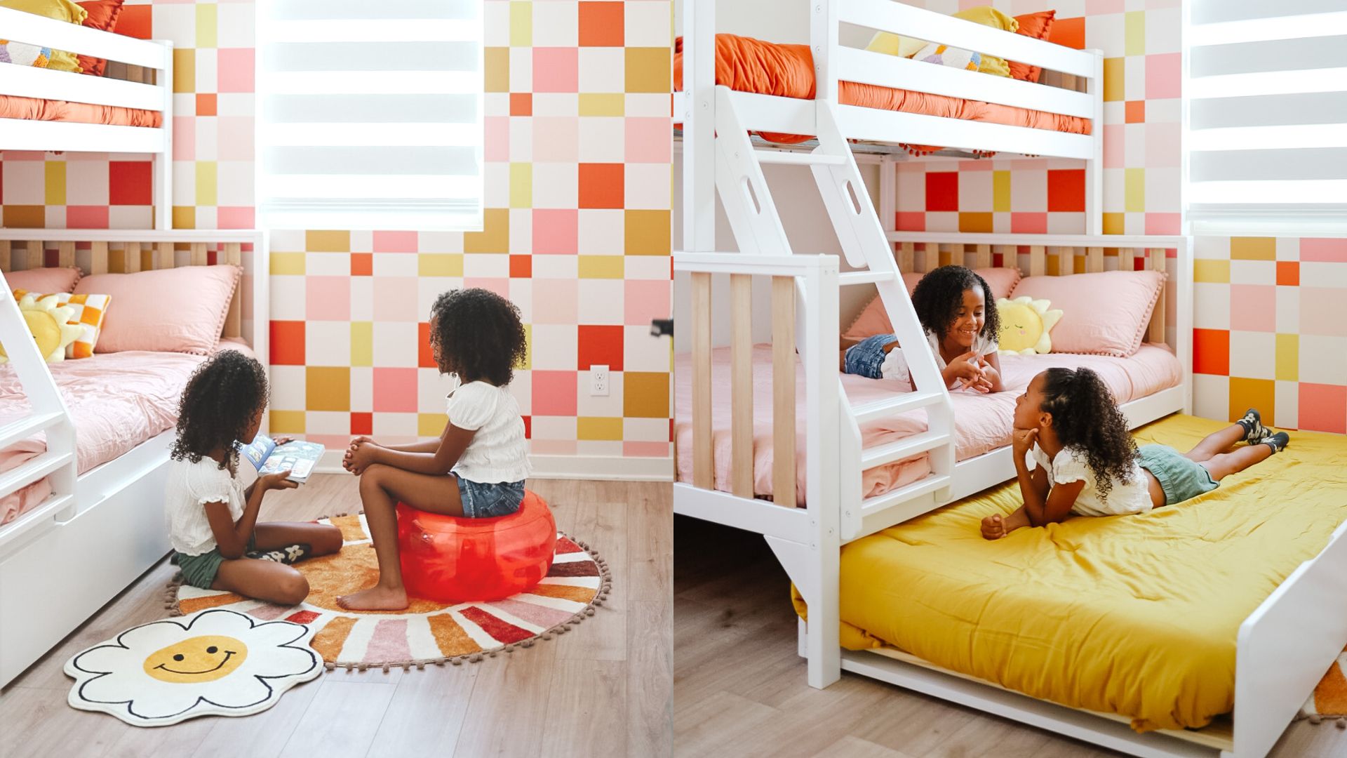 White twin over full bunk bed with trundle bed in bright colored room with checkered wallpaper and sunshine and flower decor