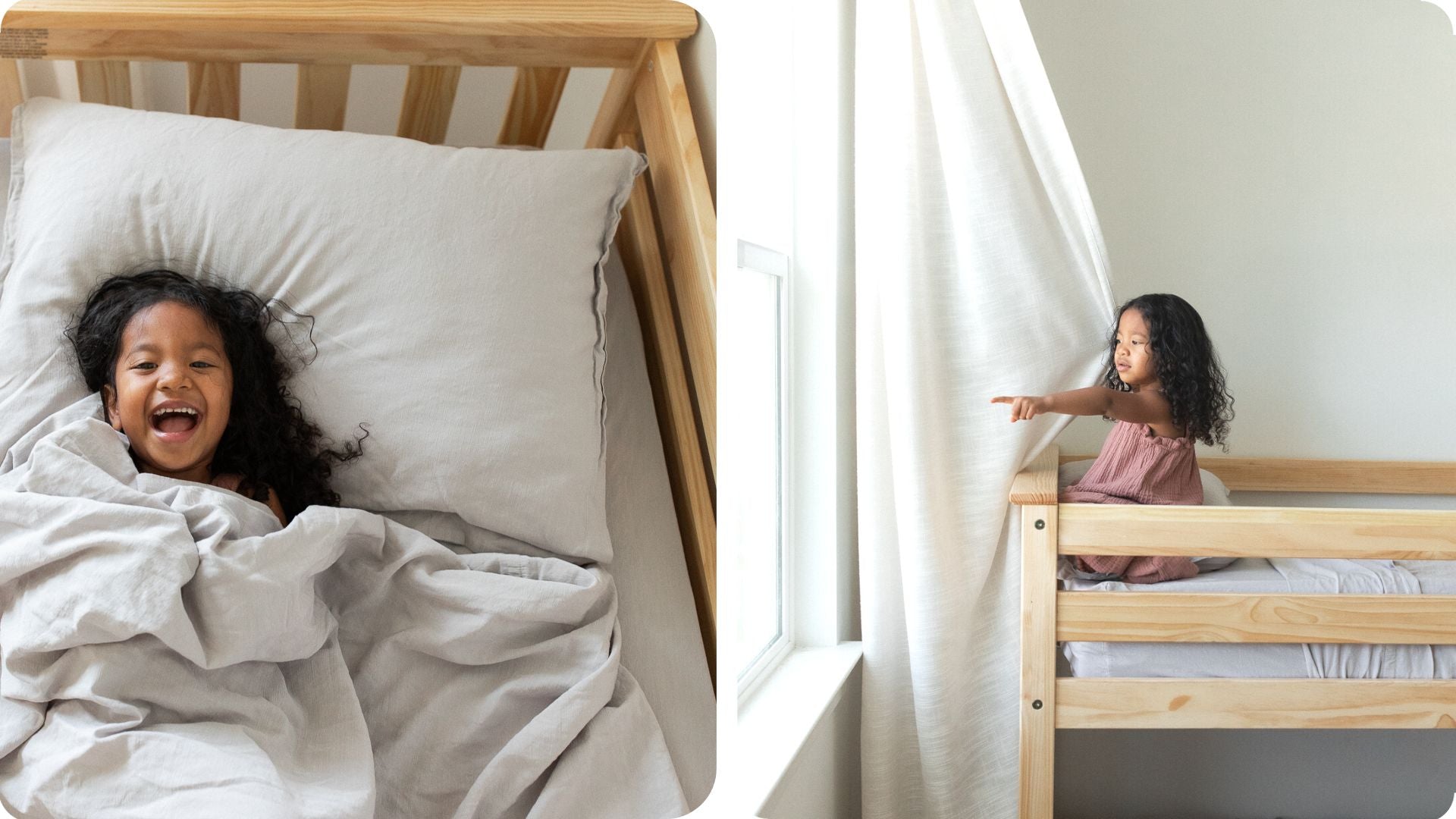 Girl in solid wood twin bunk bed with guard rails in natural