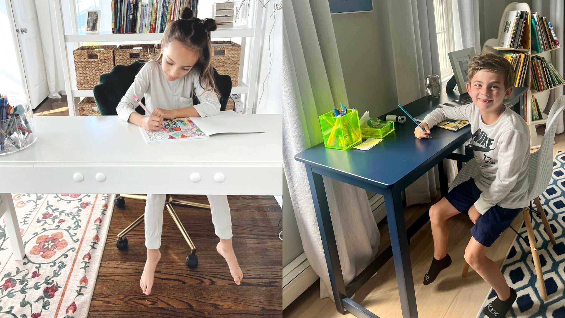 Kids writing at solid wood children's desks