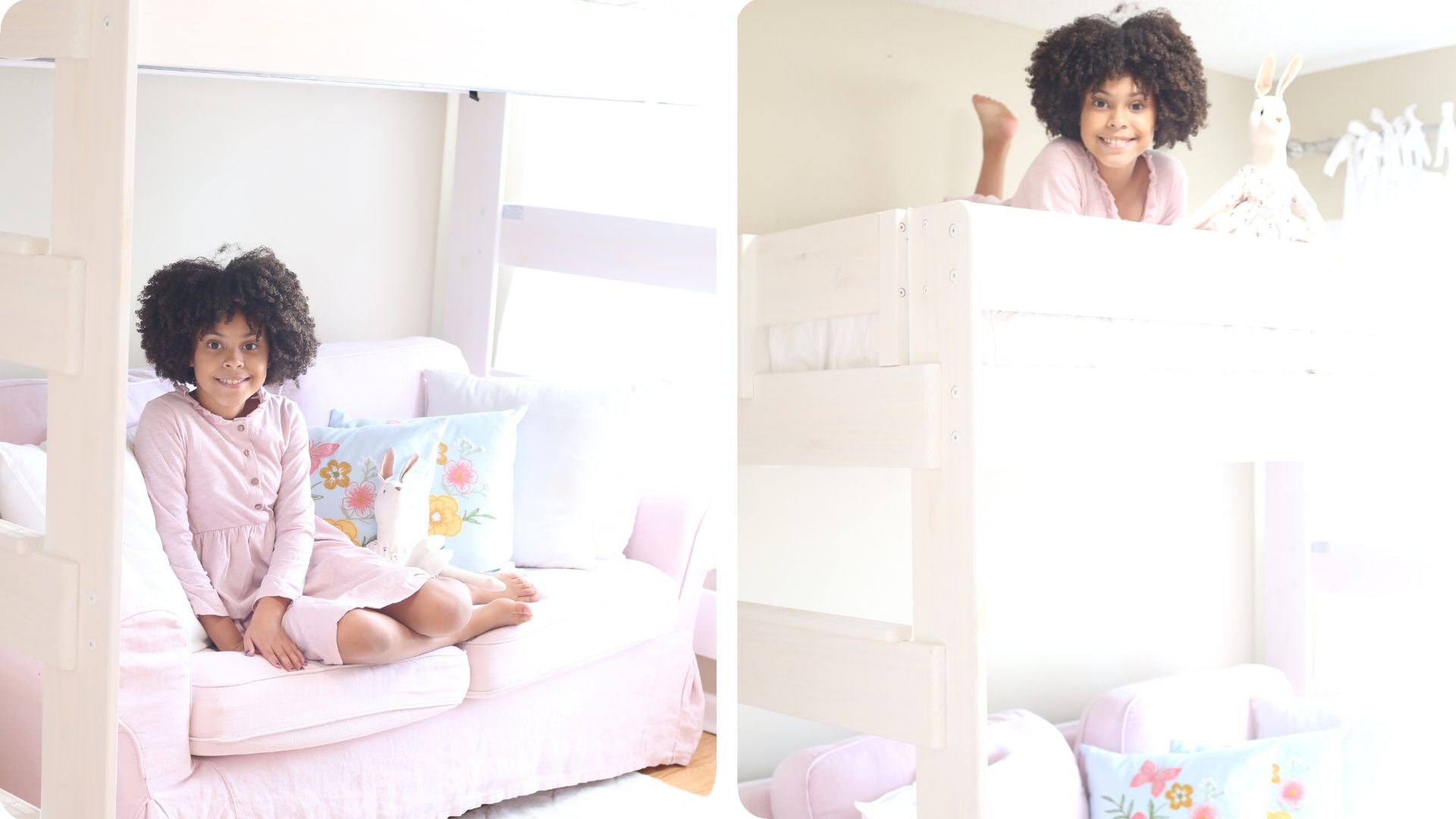 Modern farmhouse loft bed for kids in white with pink couch underneath