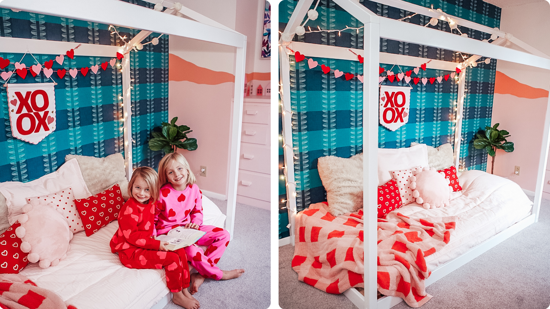 Sisters sitting on Montessori style twin house bed for kids with heart decorations