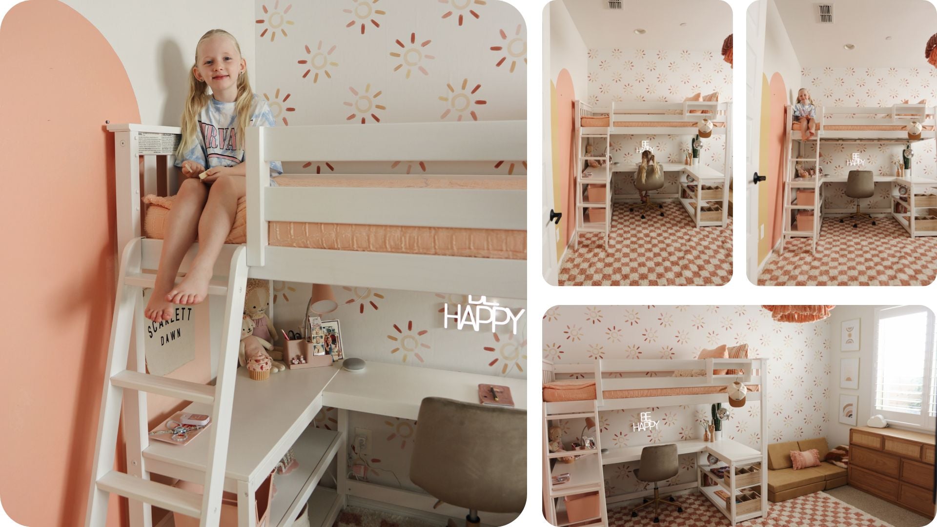 Solid wood high loft bed with desk and storage in retro room with pink and white wallpaper