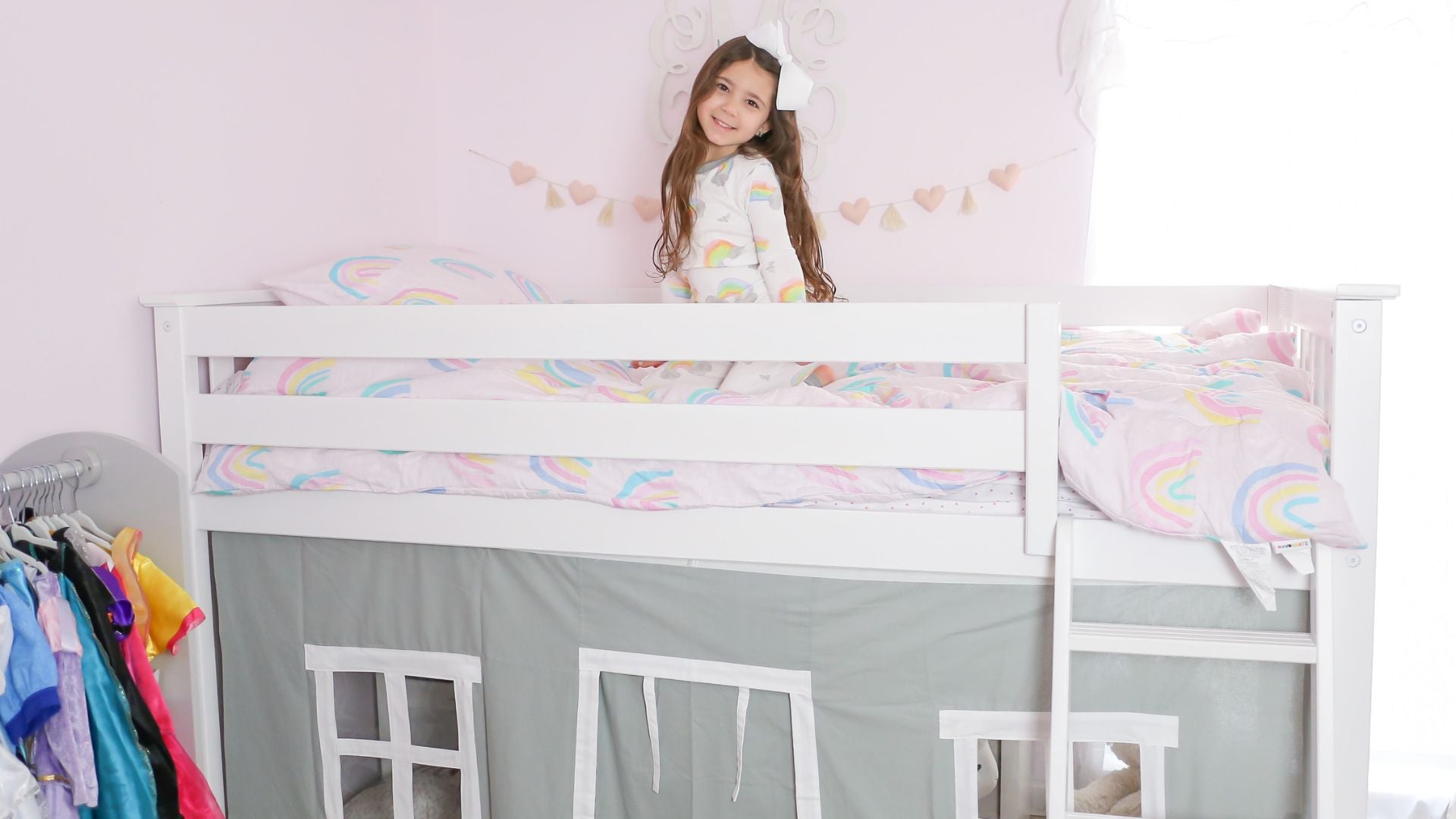 White solid wood twin low loft bed with curtain