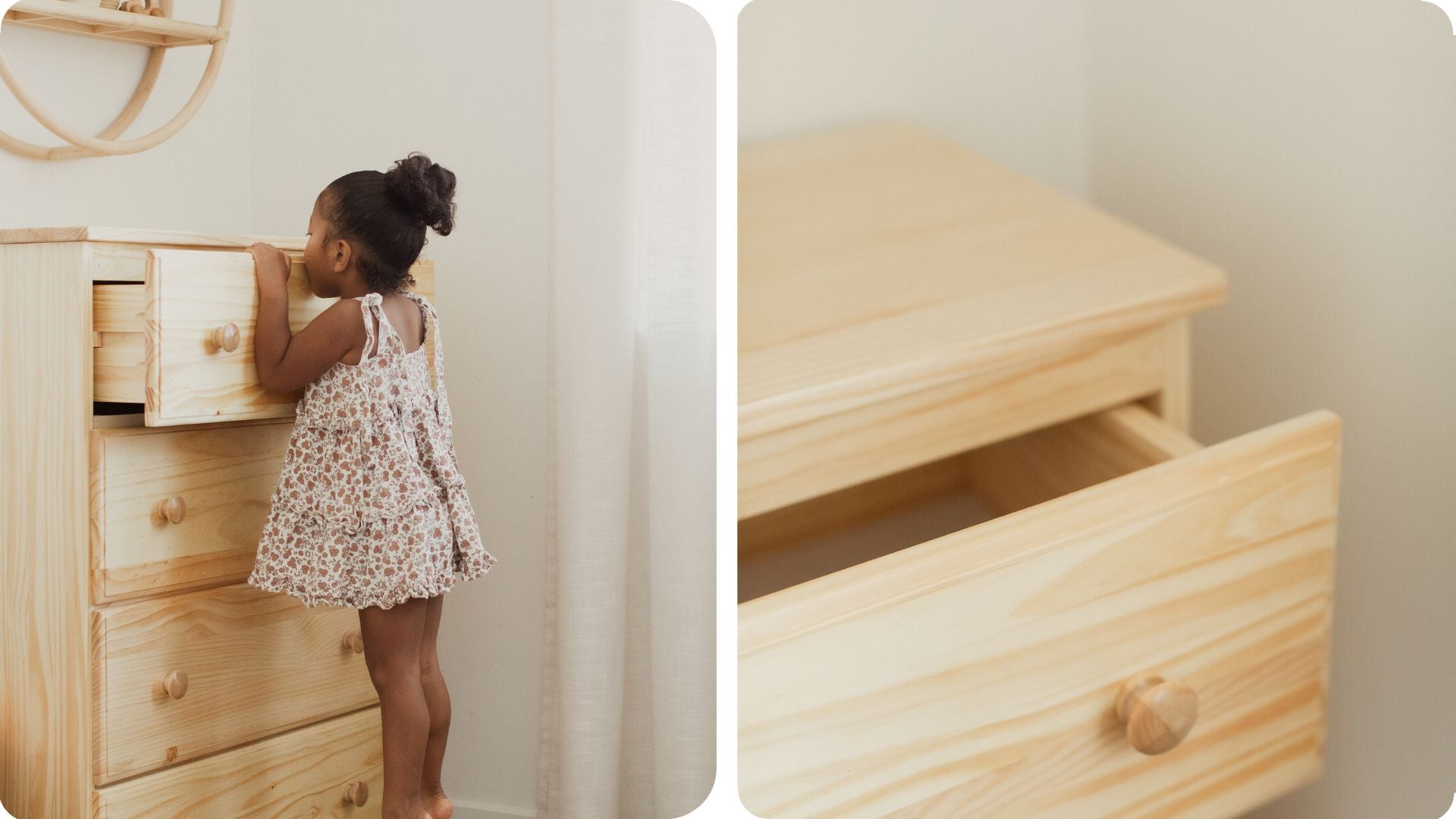 Natural wood dresser for kids with five drawers