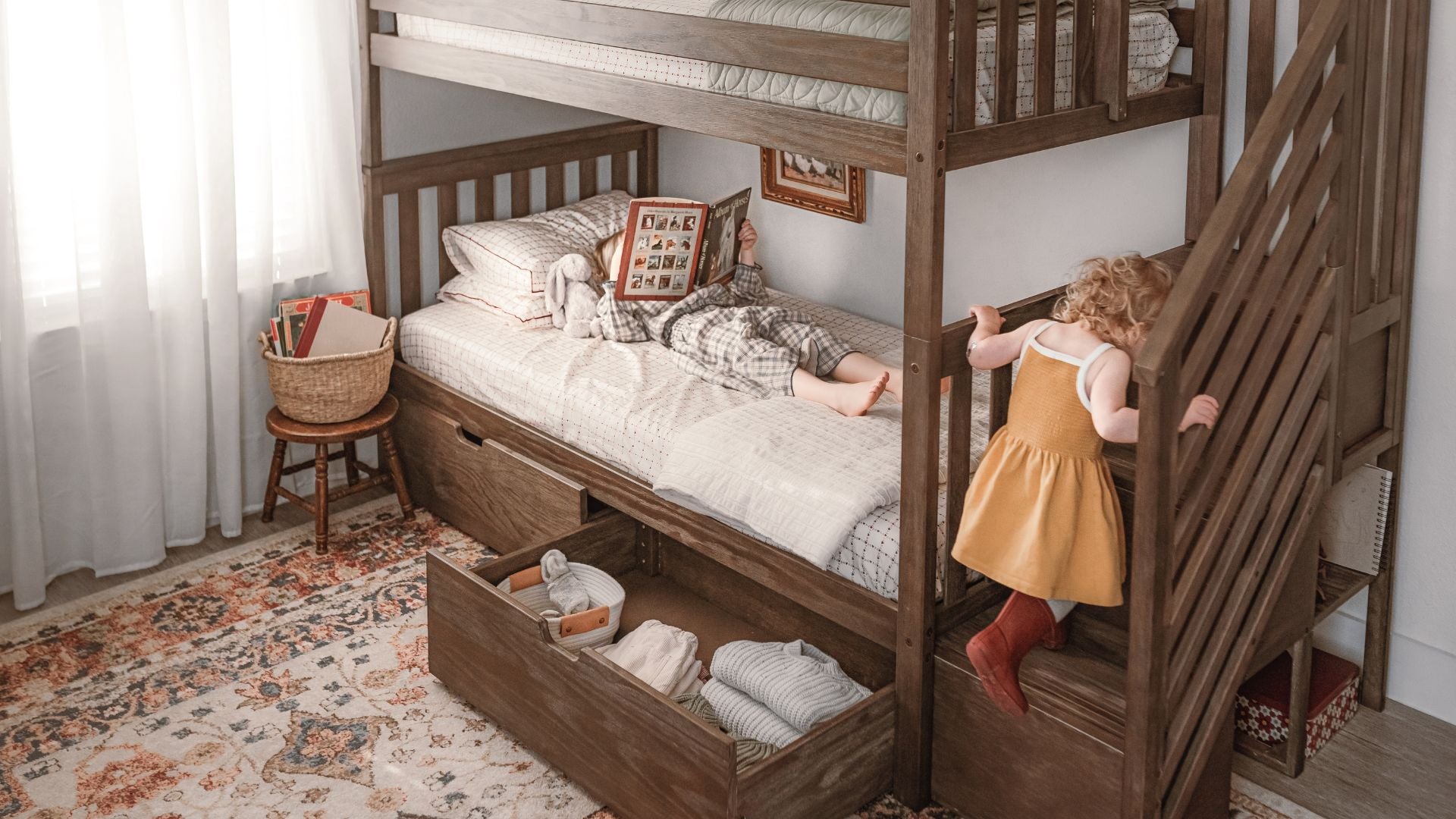 Twin over twin bunk bed with underbed storage drawers and stairs