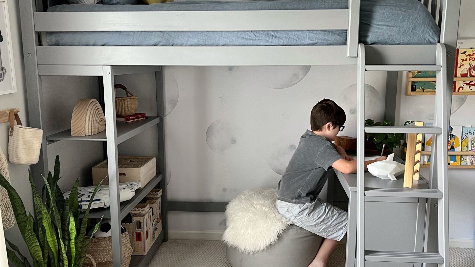 Solid wood loft bed with bookcase and desk