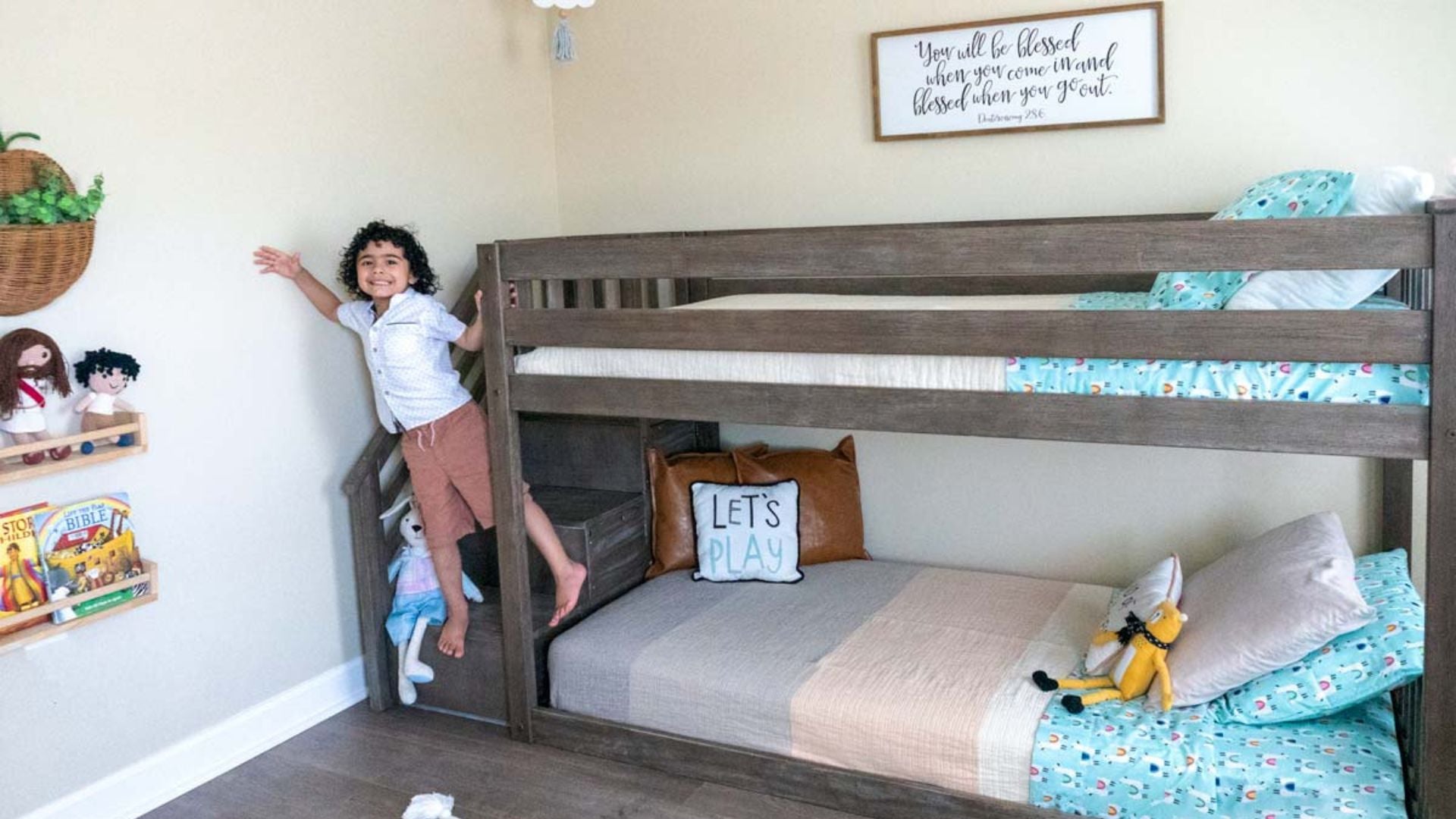Twin over twin low bunk bed with stairs