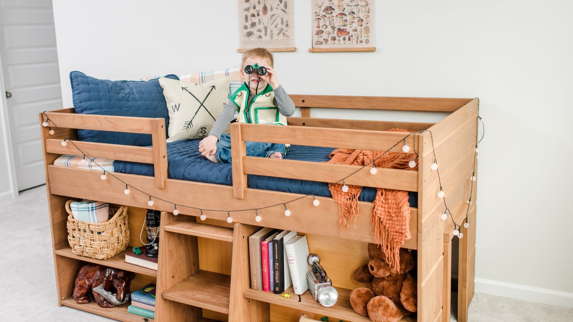 modern farmhouse low loft bed with storage