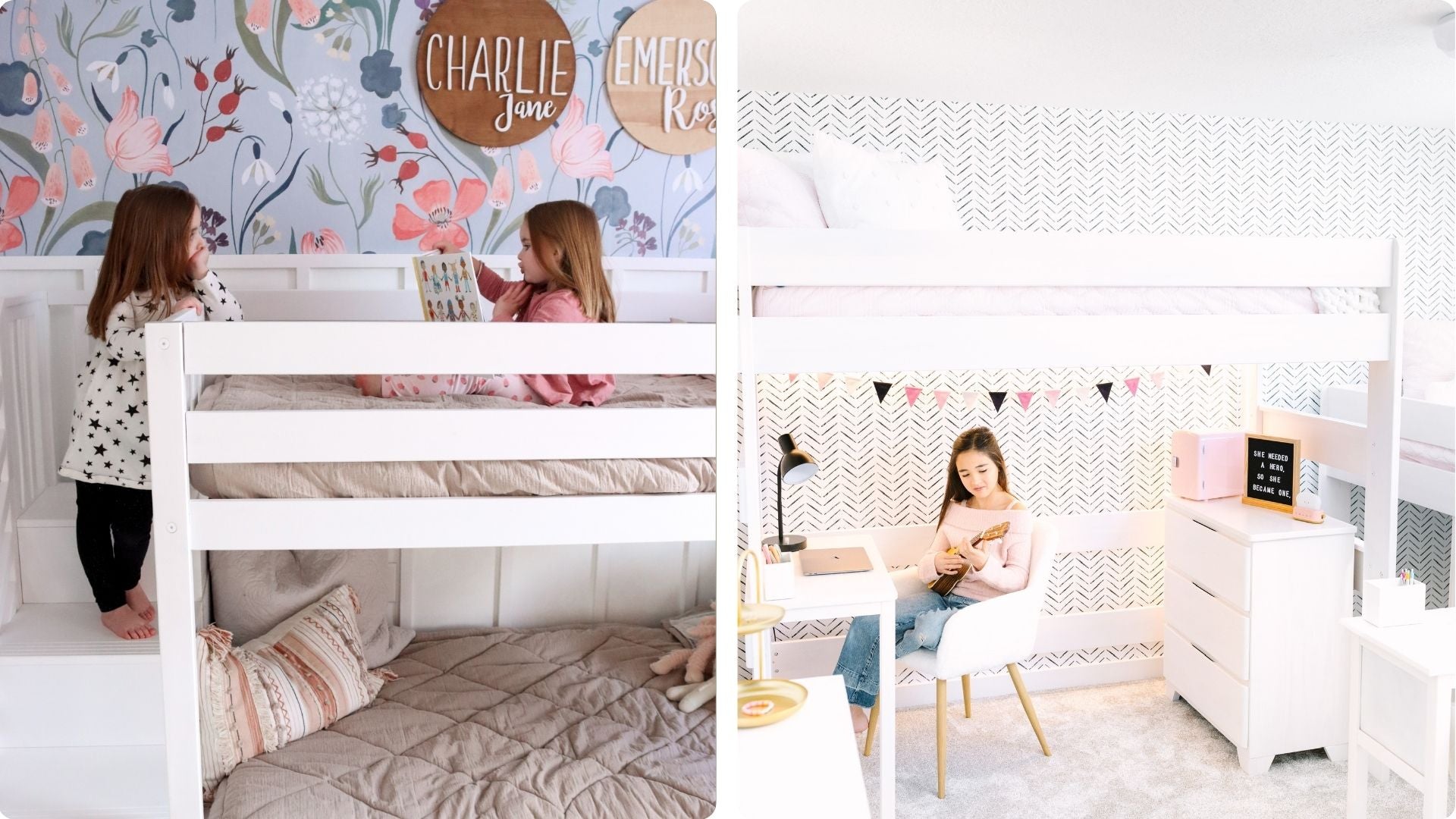 low bunk bed with stairs and rustic loft bed with desk