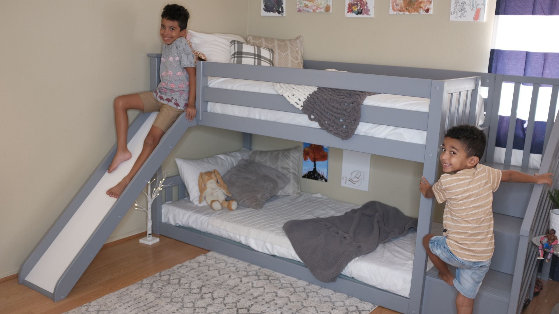 twin size low bunk bed with stairs and slide