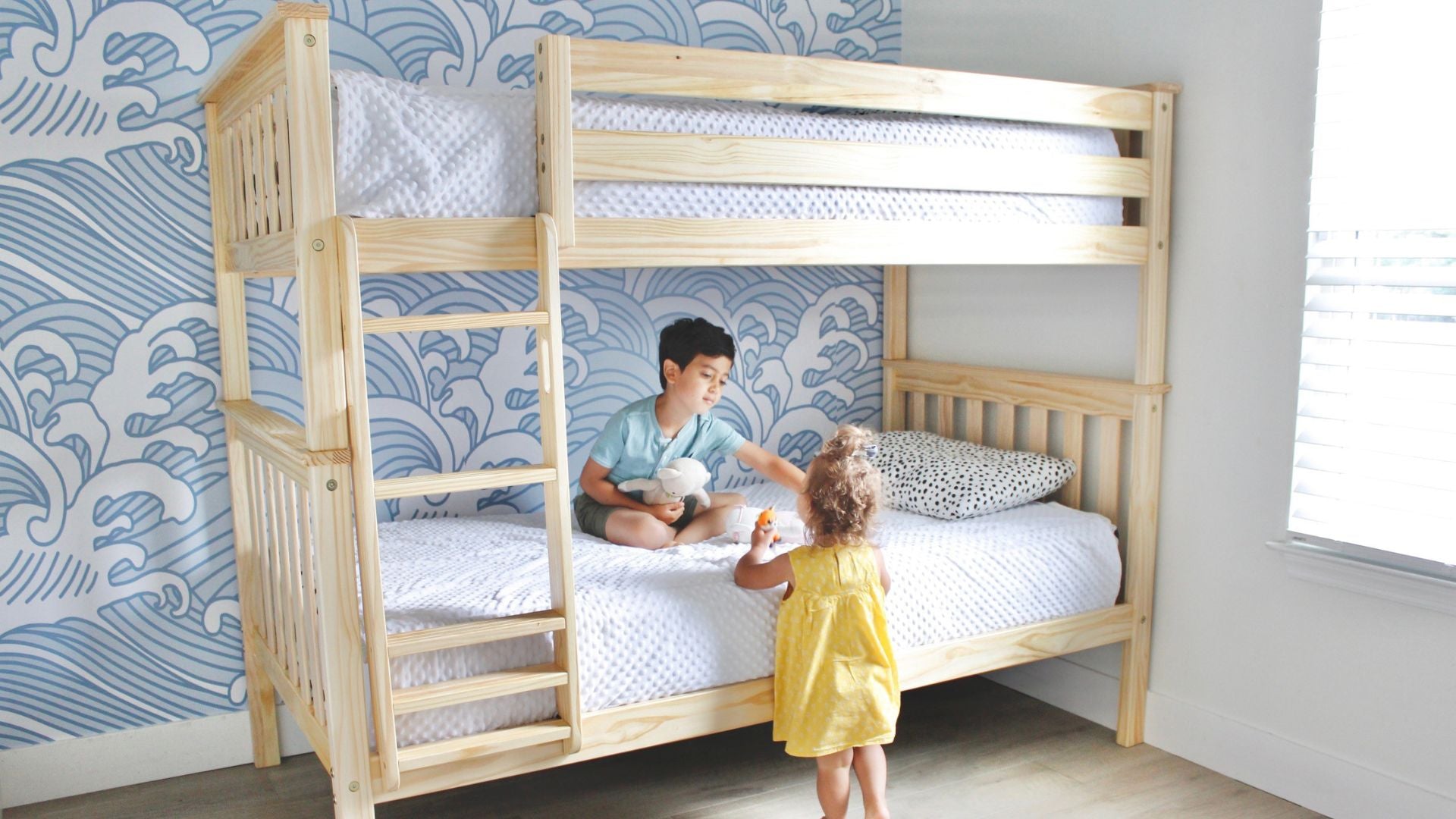 twin size natural wood bunk bed for kids