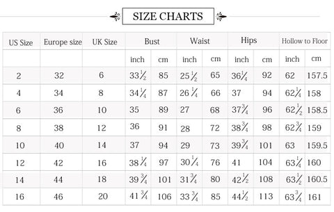 Size Chart – ELLAZ BRIDAL