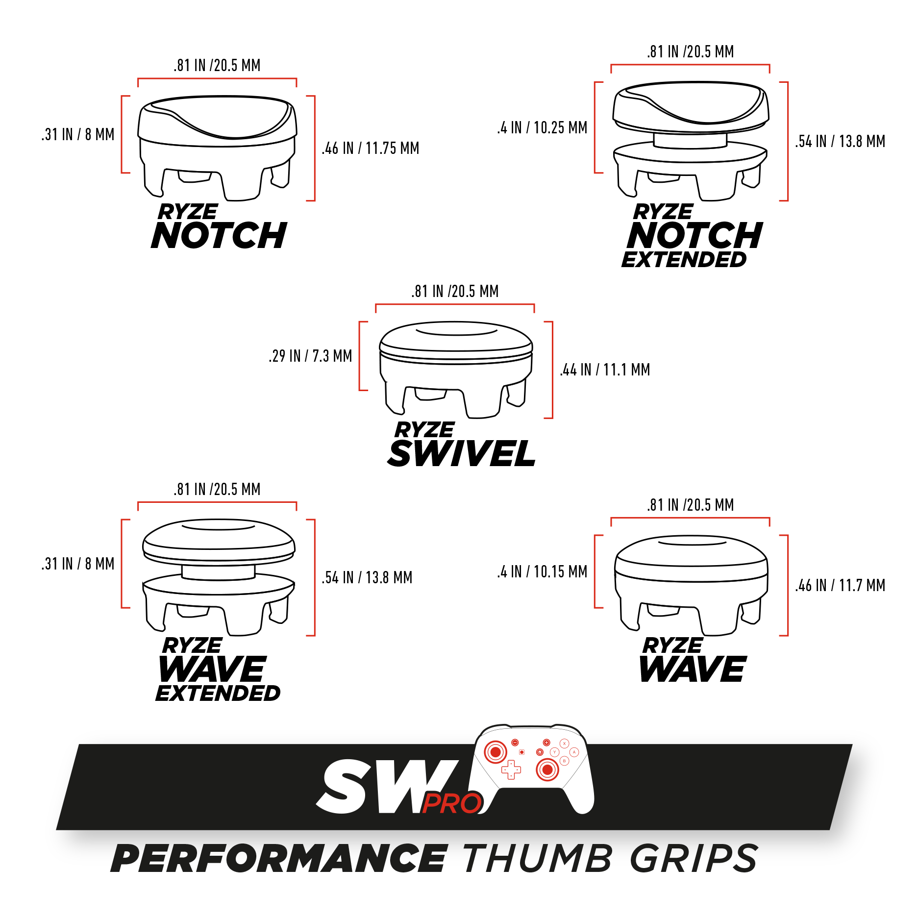 RYZE Performance Thumb Grips Dimensions