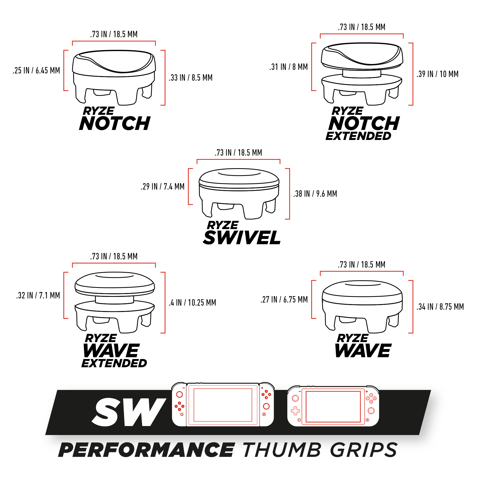 RYZE Performance Thumb Grips Dimensions