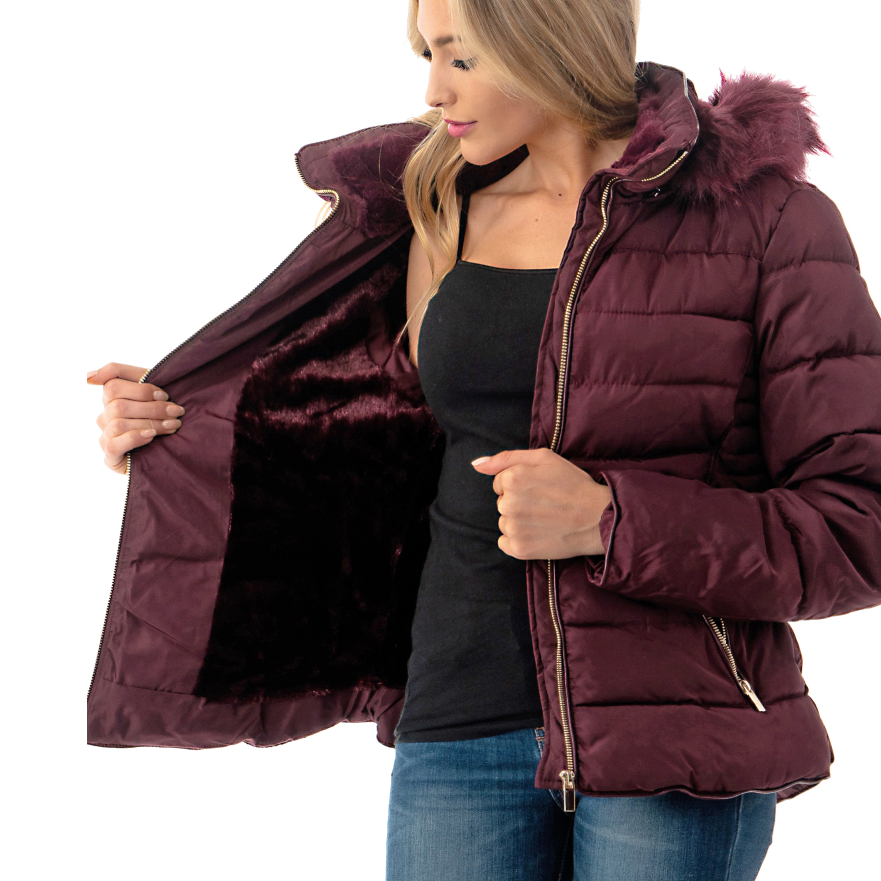 women's short puffer jacket with hood