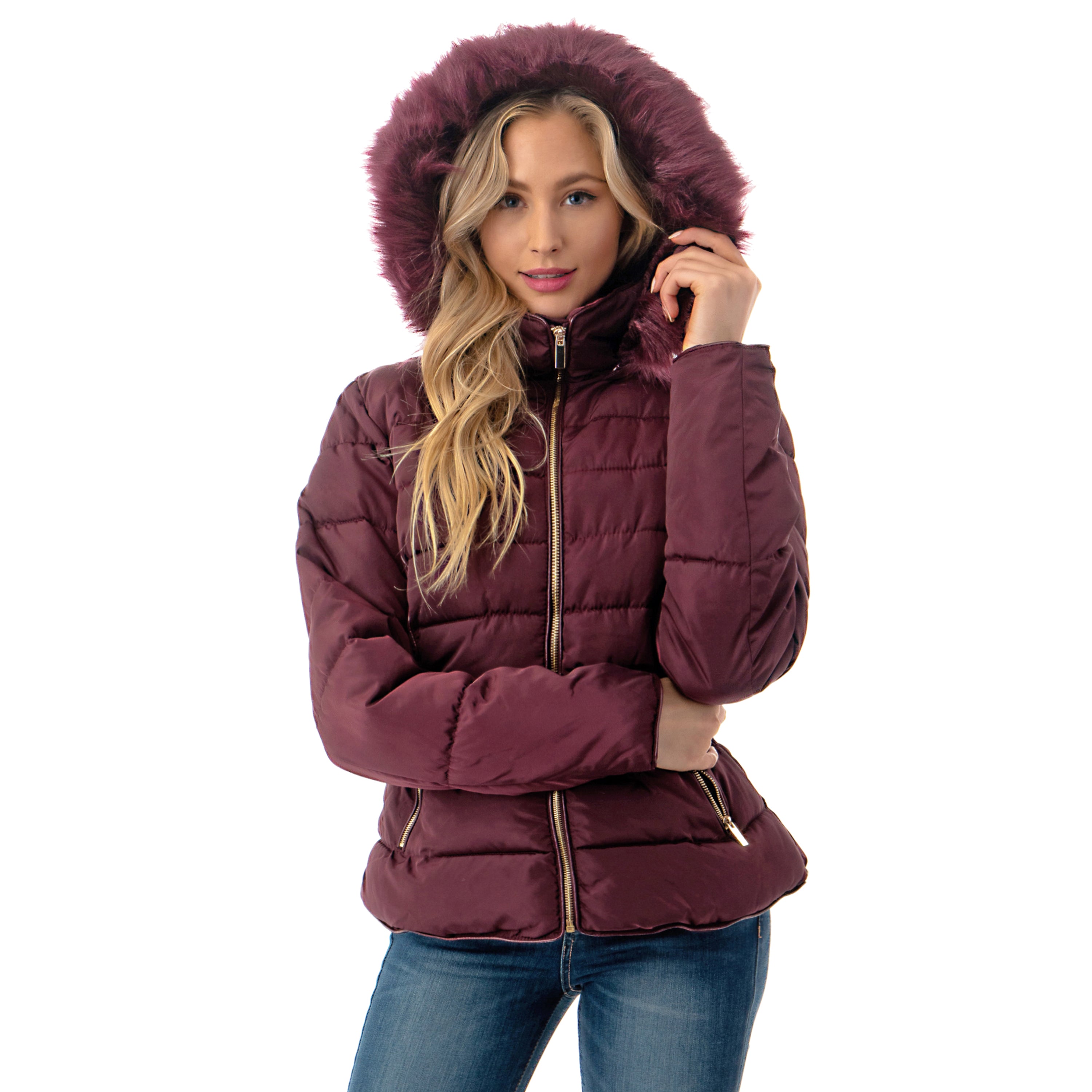 women's short puffer jacket with fur hood