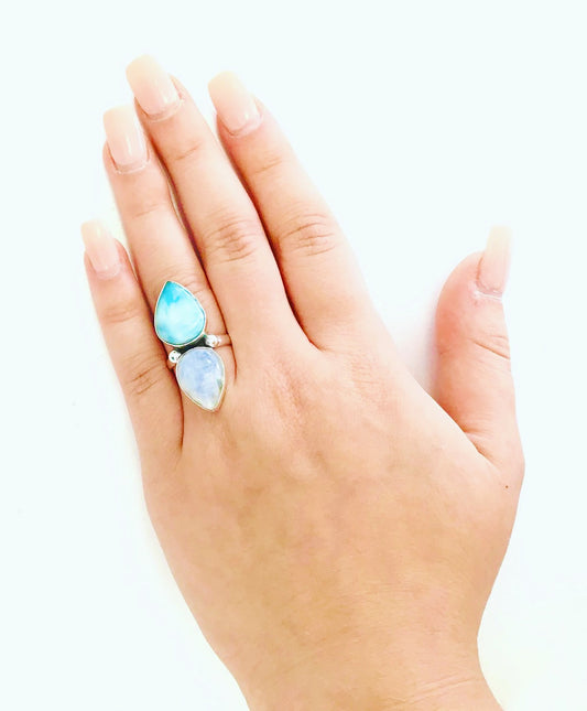 Moon Stone Larimar Fairytale Ring-Size 7