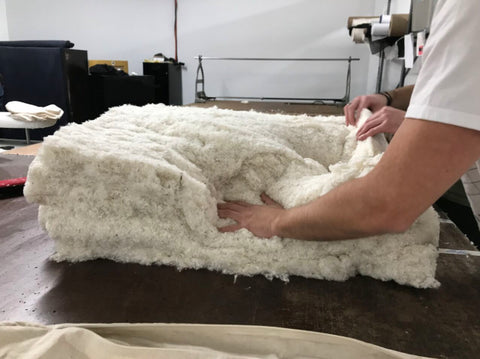 Multiple layers of organic cotton batting placed inside renoo meditation cushions at Brooklyn, NY factory