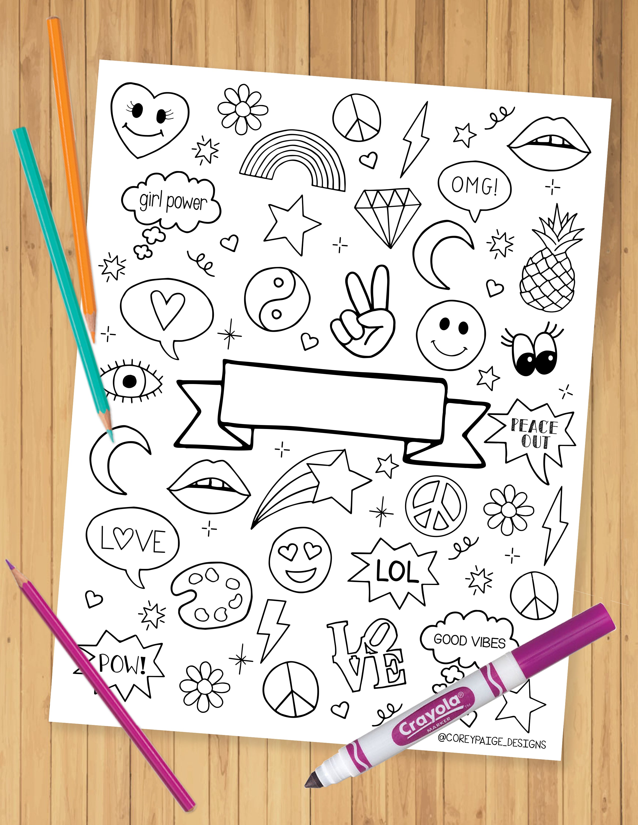 Doodle Icons Name Plate Coloring Sheet Coreypaigedesigns