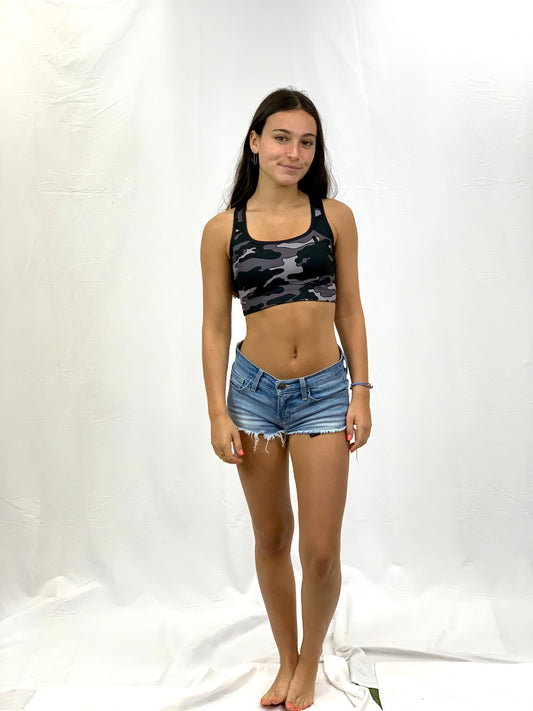 Beachy Camo Red Stripe Sports Bra