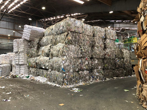Bales of plastic are piled at a Recology facility in San Francisco. (Alana Semuels / The Atlantic)