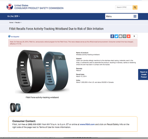fitbit recall consumer protection agency