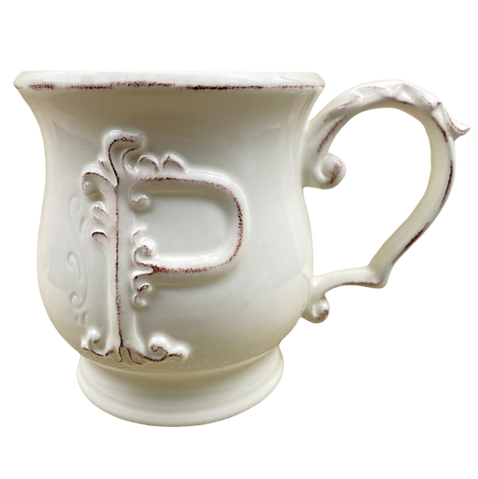 Pier 1 imports ELIZABETH Letter T 3D Monogram Antique White Coffee Mug  4.25" EUC