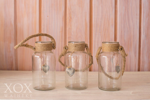 Hanging Jars with rope handles - small 