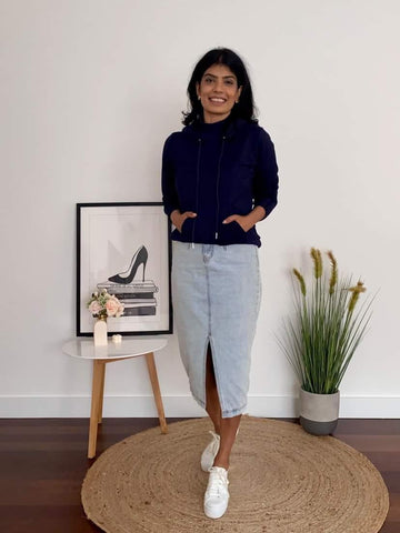 navy jumper and skirt